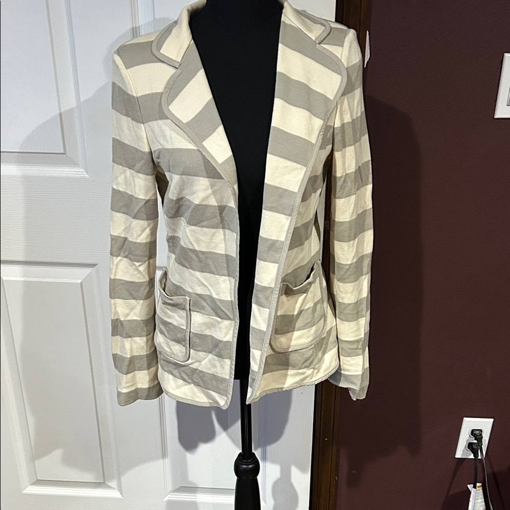 St. John Striped Cream & Beige Cotton-Blend Blazer Sz 6